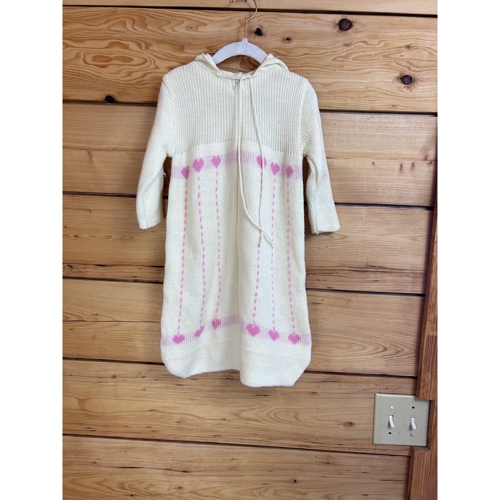 Vintage Hooded Knit Hearts Baby Bunting Sleep Sack Cream Pink One Size Eaton